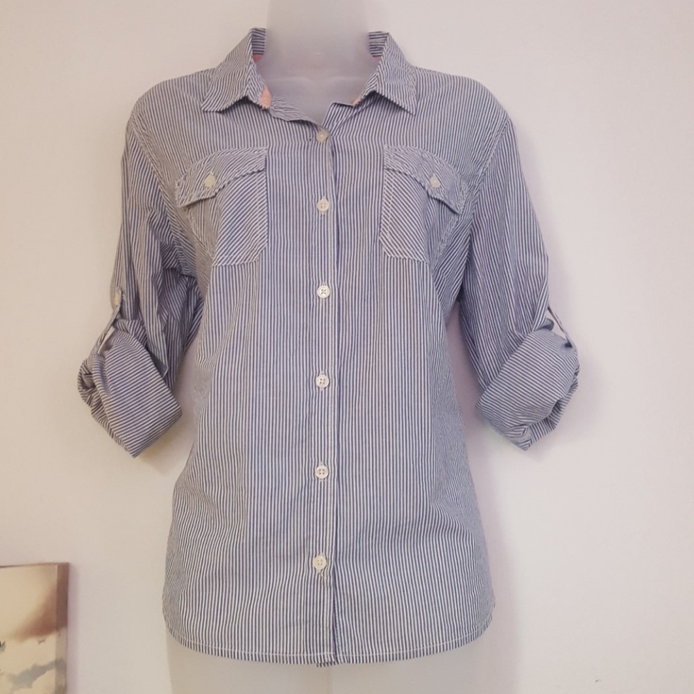 Blue White Striped Button Down Blouse